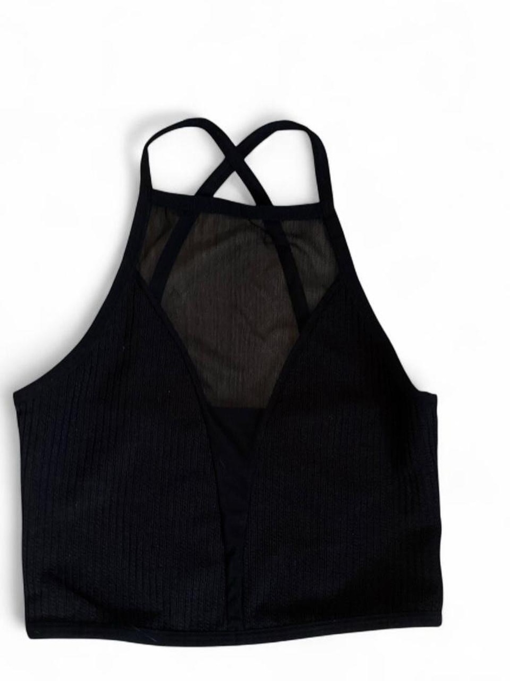 Black Mesh Cross Back Cropped Tank Top | Ribbed Strappy Y2K Clubwear Cami